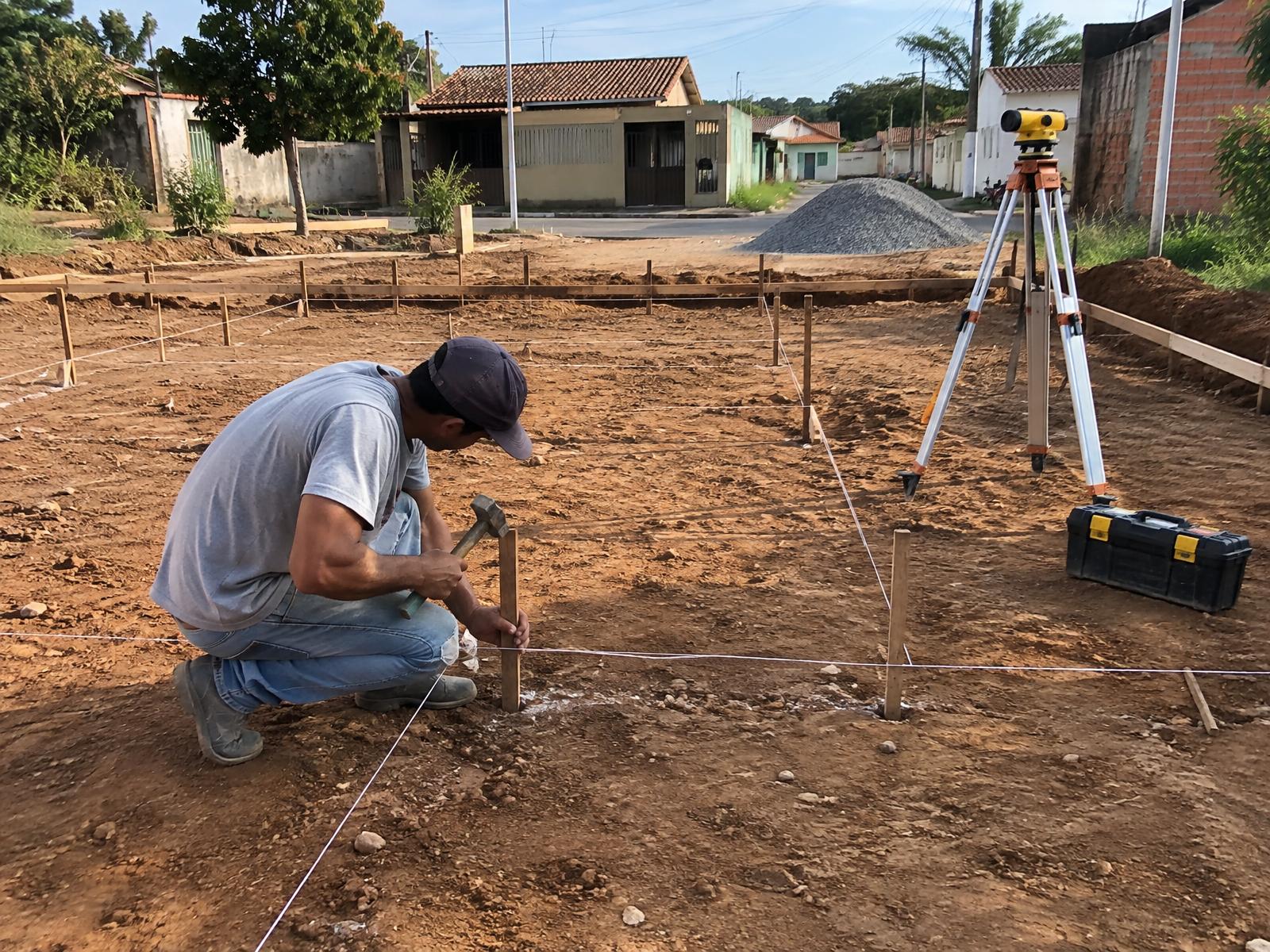 Trabalhador marcando estacas e linhas de fundação em obra